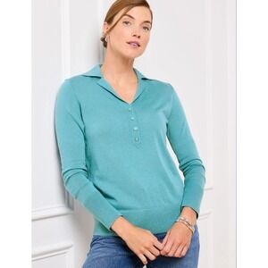 Talbots Merino Wool Polo Sweater Lightweight Preppy Teal Blue Small Petite